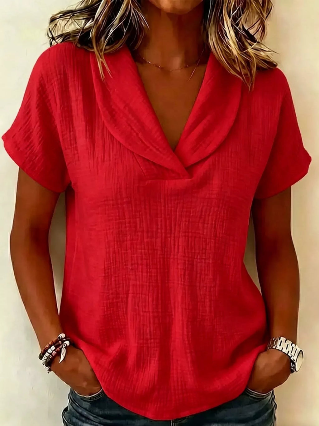 Women's Plus Size Casual Textured Short Sleeve Blouse - Red