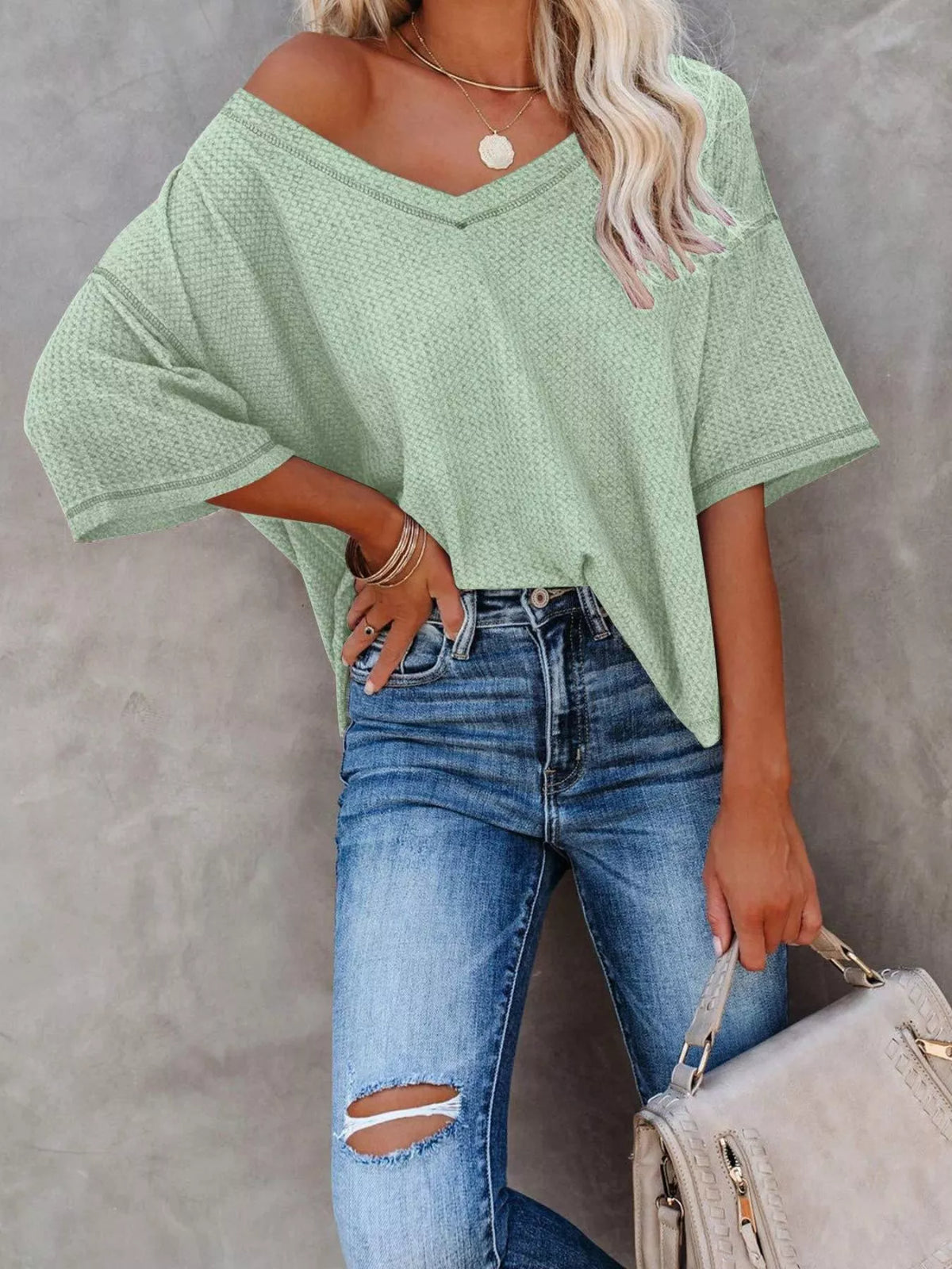 Women's Waffle Knit V-Neck Short Sleeve T-Shirt