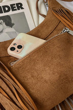 Women's Suede Fringe Shoulder Bag with Adjustable Strap