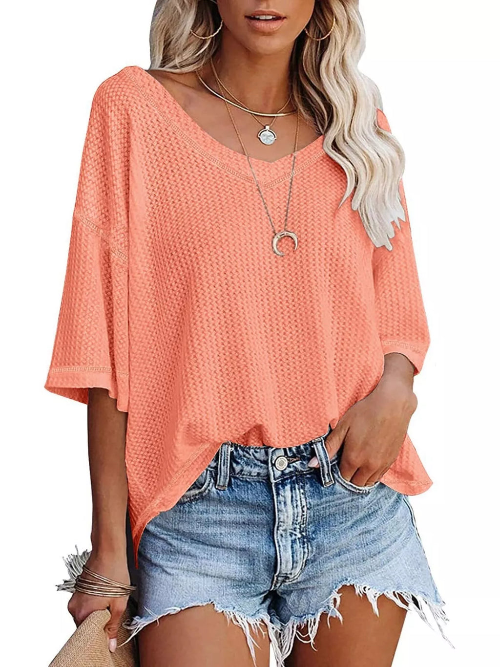 Women's Waffle Knit V-Neck Short Sleeve T-Shirt - Coral Pink