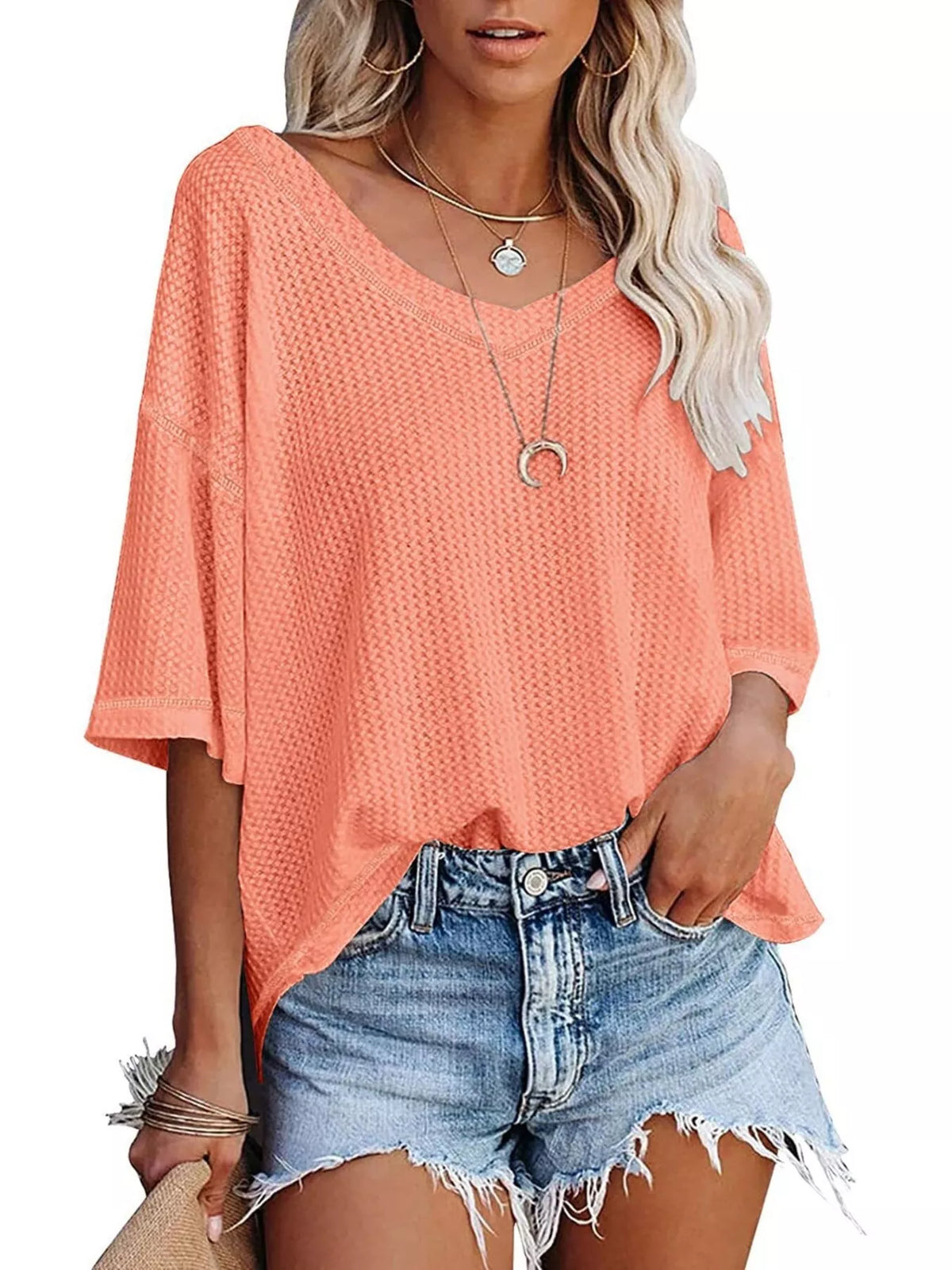 Women's Waffle Knit V-Neck Short Sleeve T-Shirt - Coral Pink