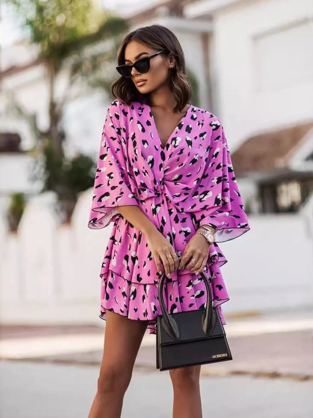 Women's Printed Tiered Wrap Mini Dress - Fuchsia