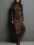 Women's Elegant Suede Maxi Dress for Fall - Chocolate