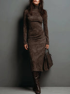 Women's Elegant Suede Maxi Dress for Fall - Chocolate