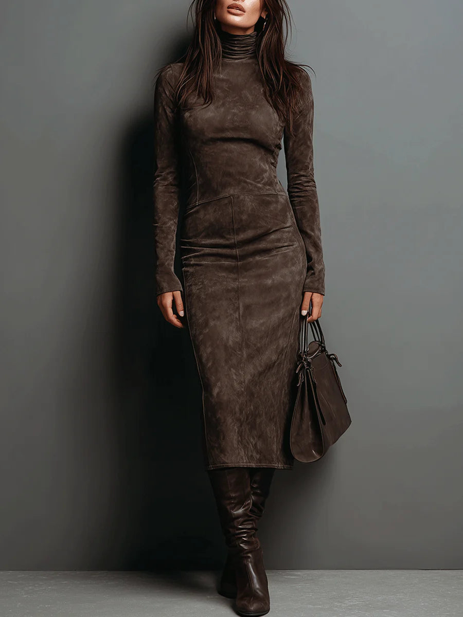 Women's Elegant Suede Maxi Dress for Fall - Chocolate