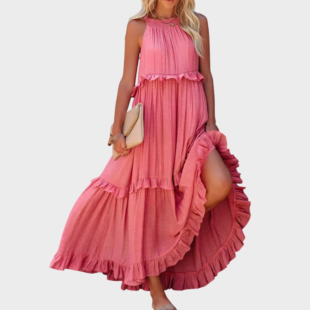 Women's Sleeveless Ruffle Trim Dress - Pink