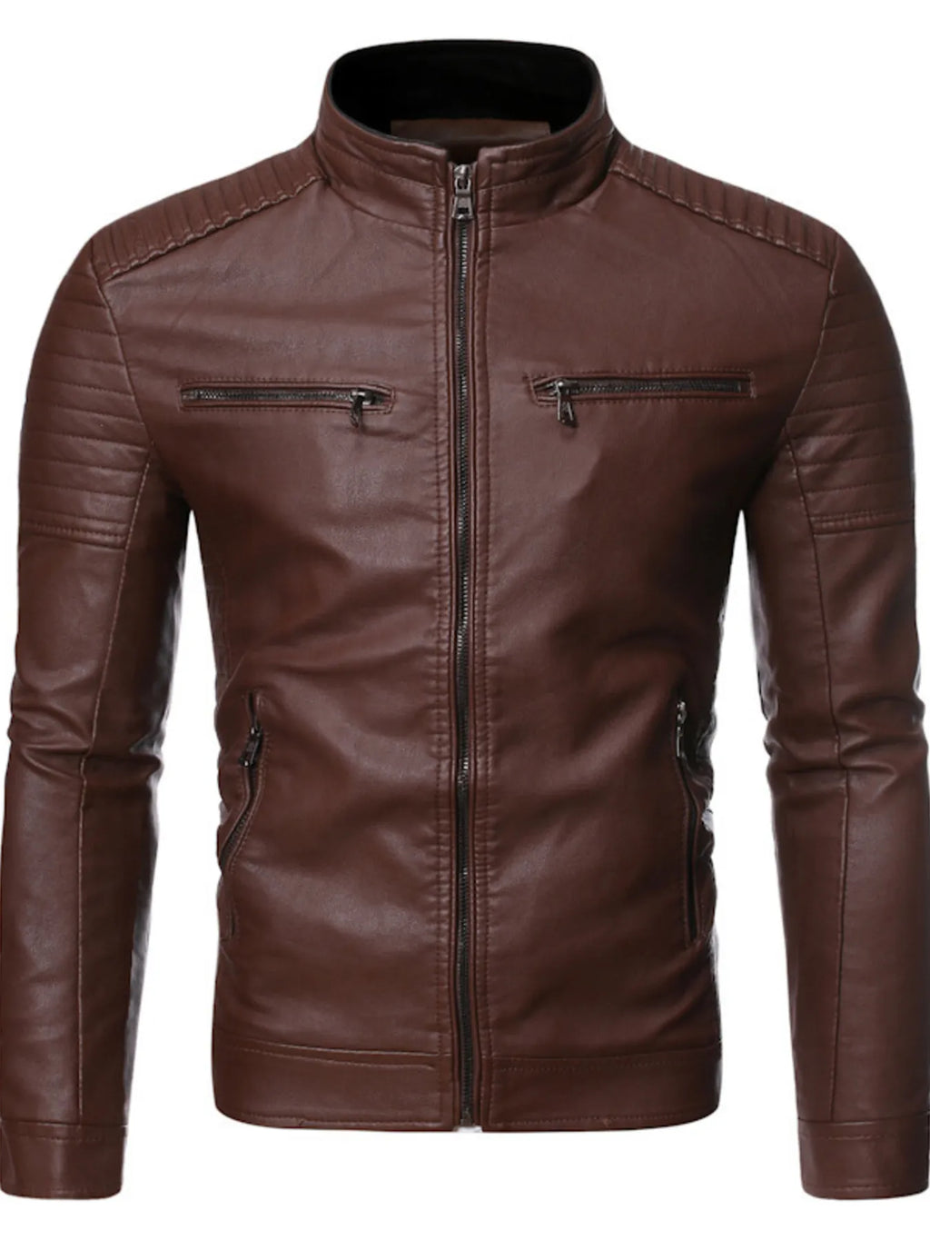 Men's Zip-Up Biker Jacket Plus Size - Coffee