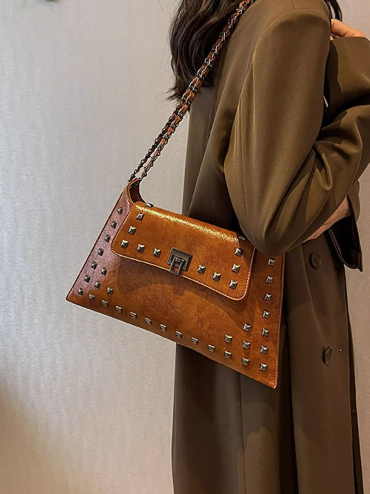 Women's Studded Flap Shoulder Bag with Chain