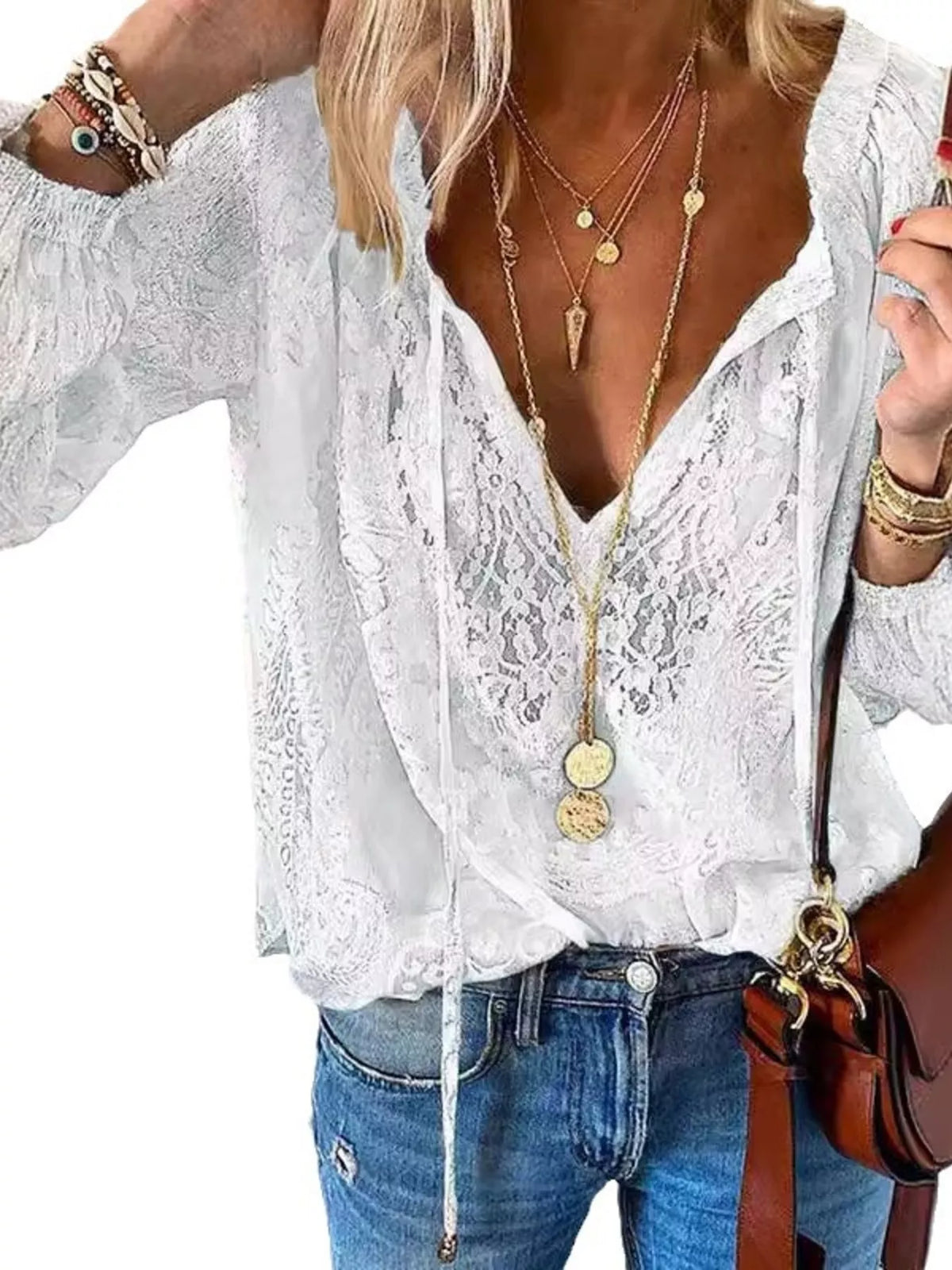 Women's Lace Tie-Neck Blouse