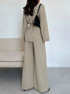 Women's Tie-Waist Top and Textured Wide-Leg Pants Set