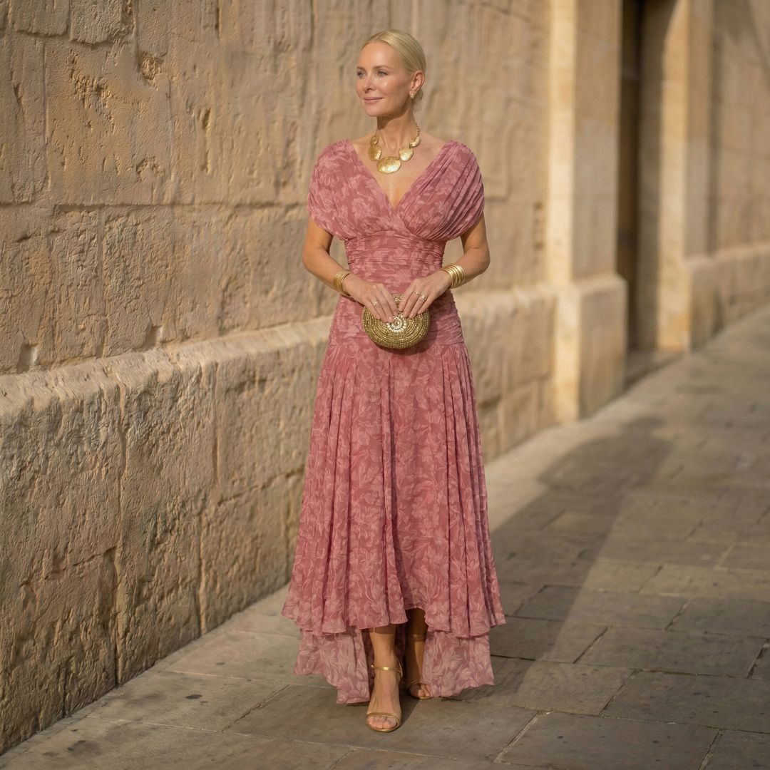 Women's Pink Flowing Wedding Guest Evening Dress - Pink