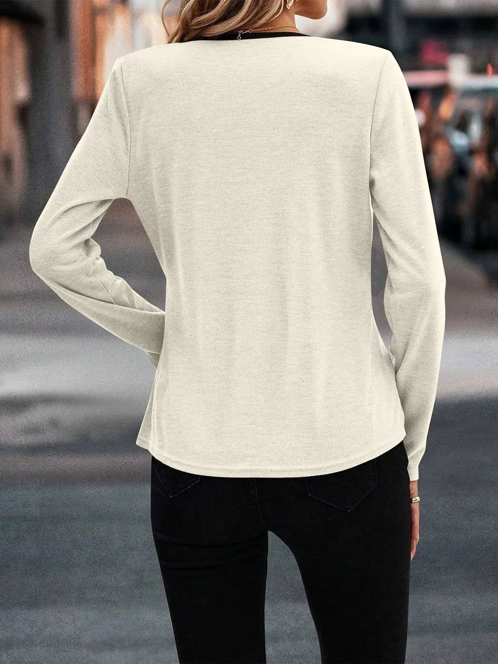 Women's Long Sleeve Wrap Neck Top with Contrast Trim