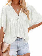 Women's Plus Size Textured V-Neck Button-Up Shirt - White