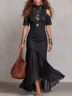 Women's Off-Shoulder Maxi Dress with Ruffle Hem - Black