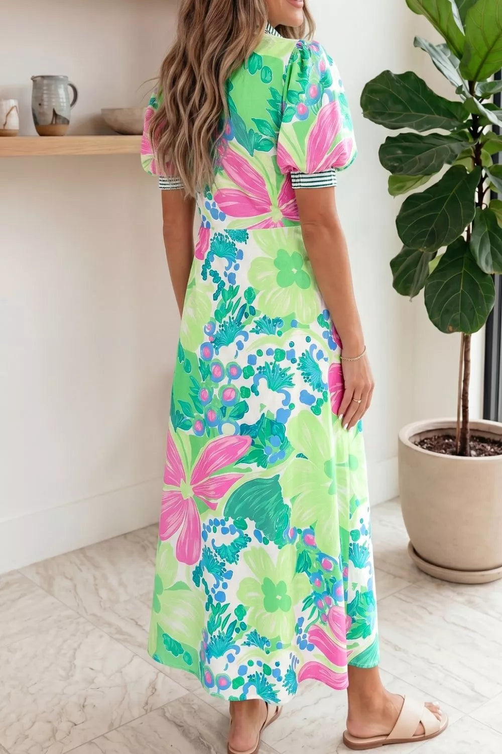 Women's Floral Button-Front Midi Dress with Puff Sleeves