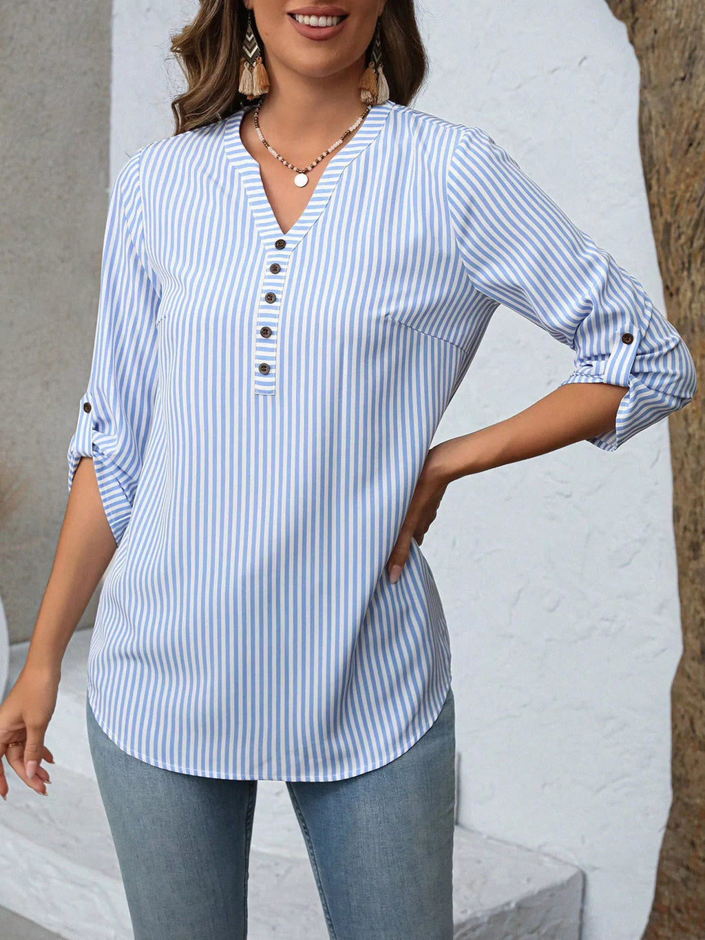 Women's Striped V-Neck Roll-Up Sleeve Blouse