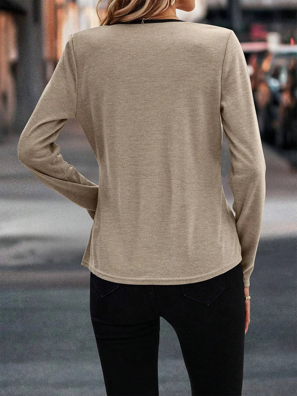 Women's Long Sleeve Wrap Neck Top with Contrast Trim