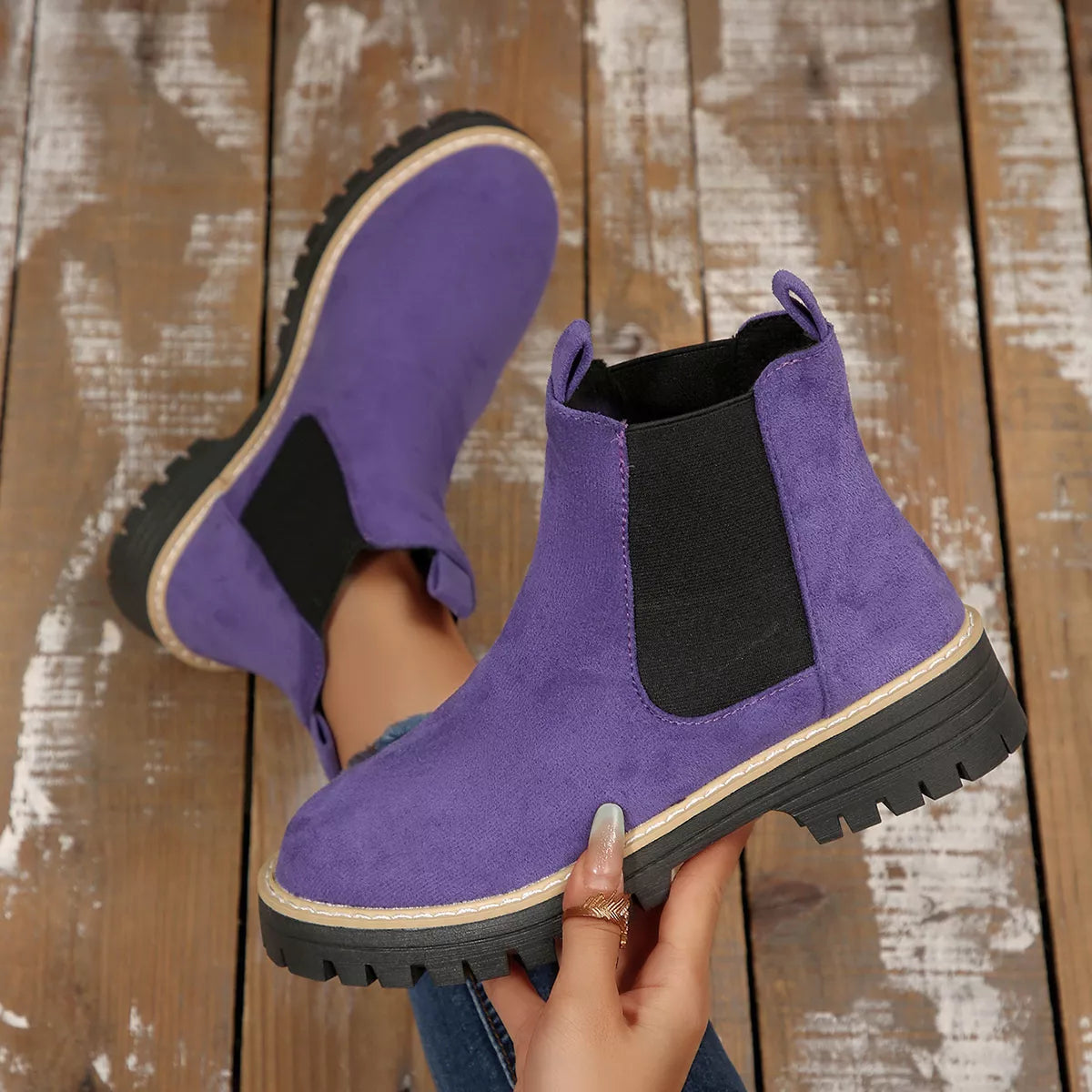 Women's Comfortable Block Heel Round Toe Ankle Boots for Fall and Winter - Purple