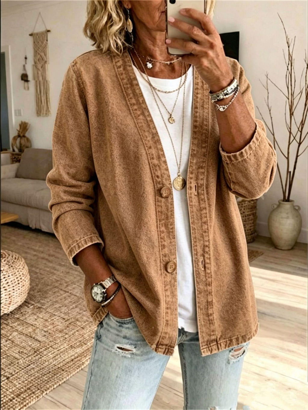 Women's Casual Denim Cardigan Jacket - Khaki