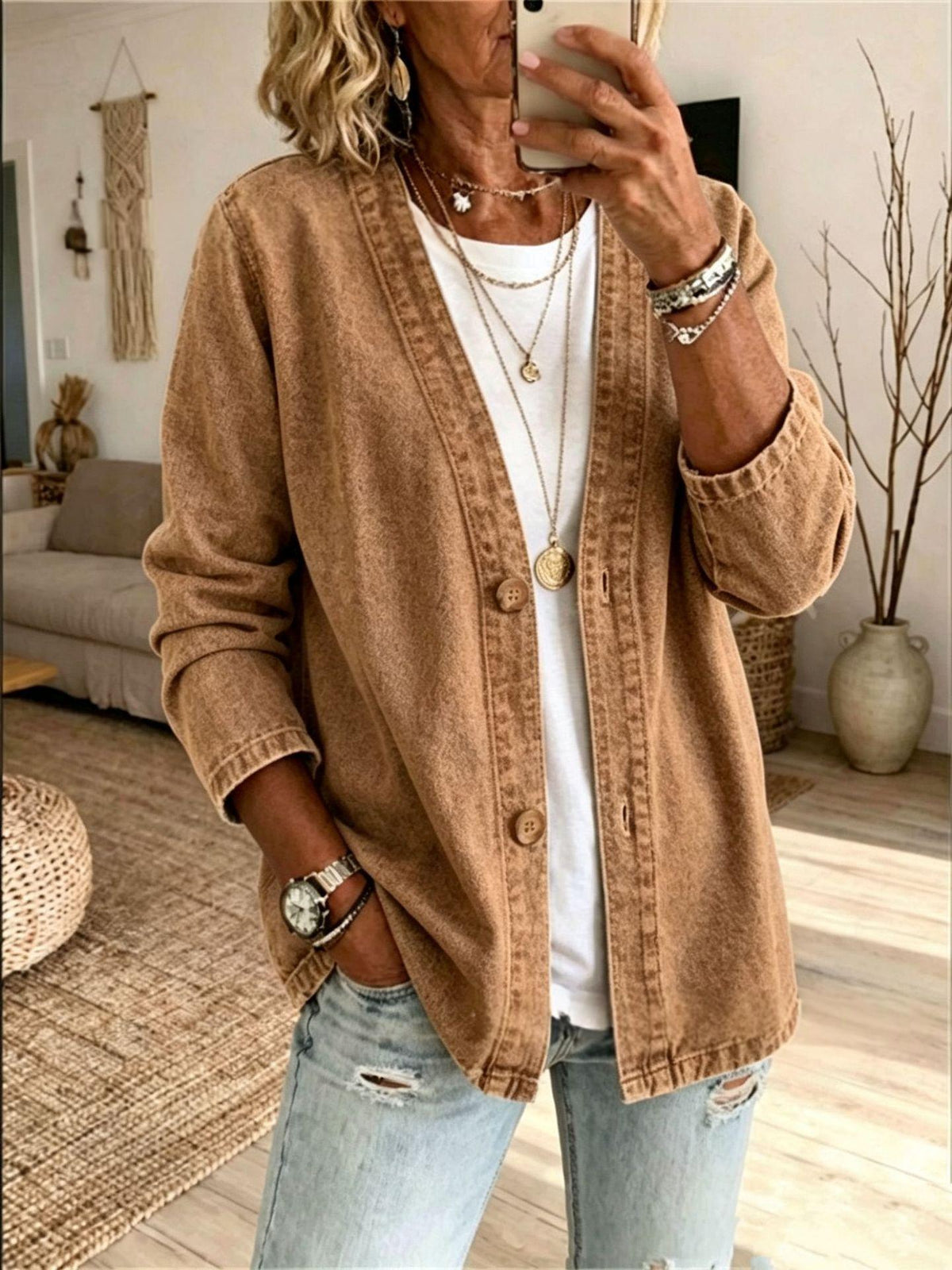 Women's Casual Denim Cardigan Jacket - Khaki