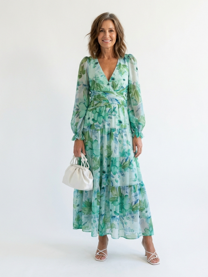 Women's Floral Long Sleeve Maxi Dress - Green