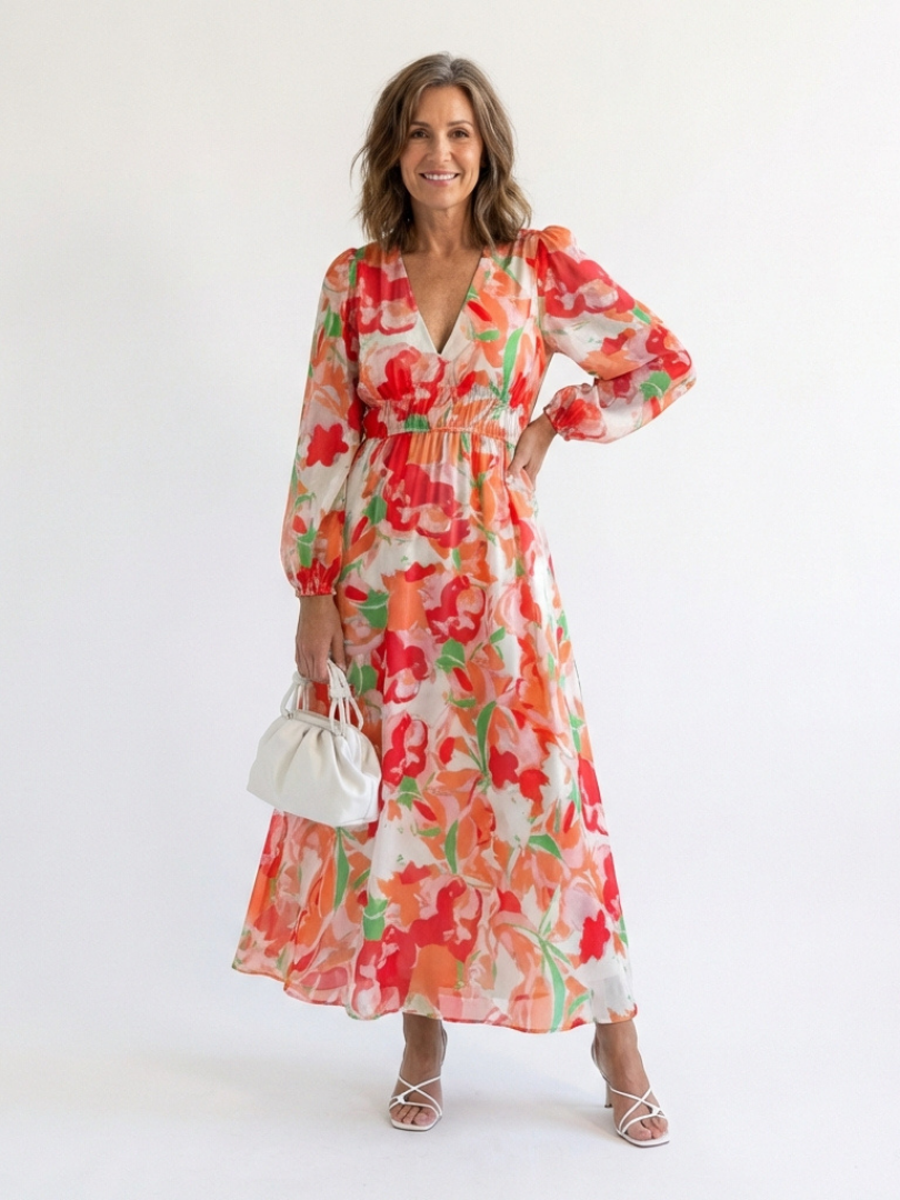 Women's Floral Long Sleeve Maxi Dress - Orange