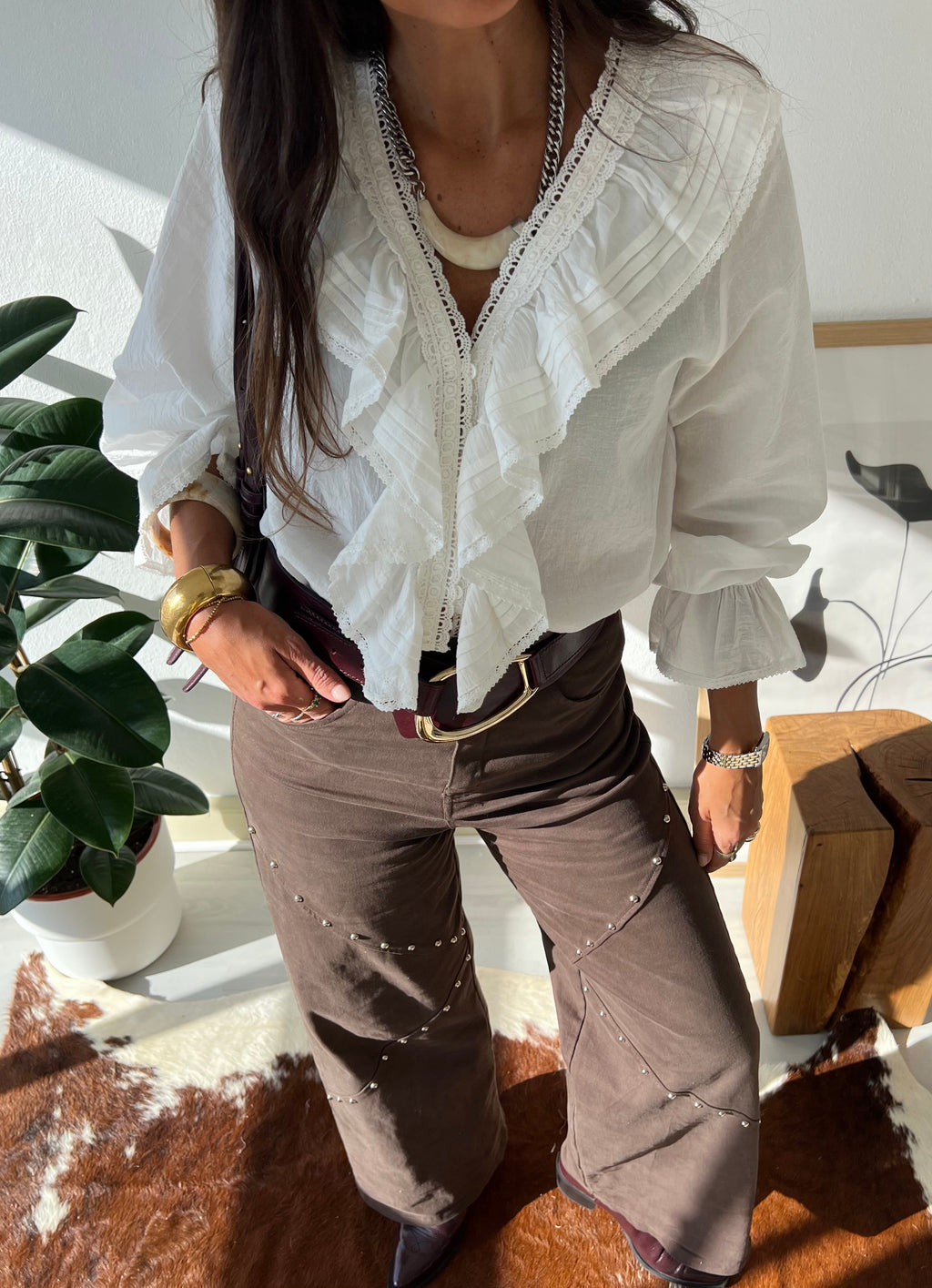 Women's Brown Studded Wide-Leg Pants