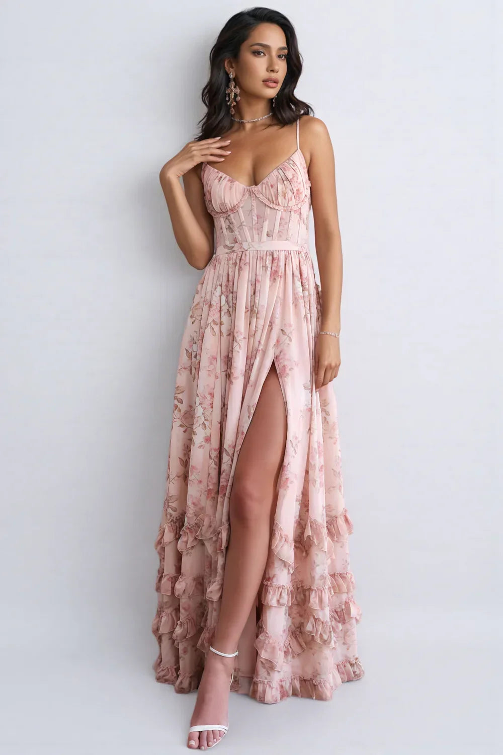 Women's Strappy Maxi Dress with Side Slit - Pink