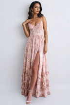 Women's Strappy Maxi Dress with Side Slit - Pink