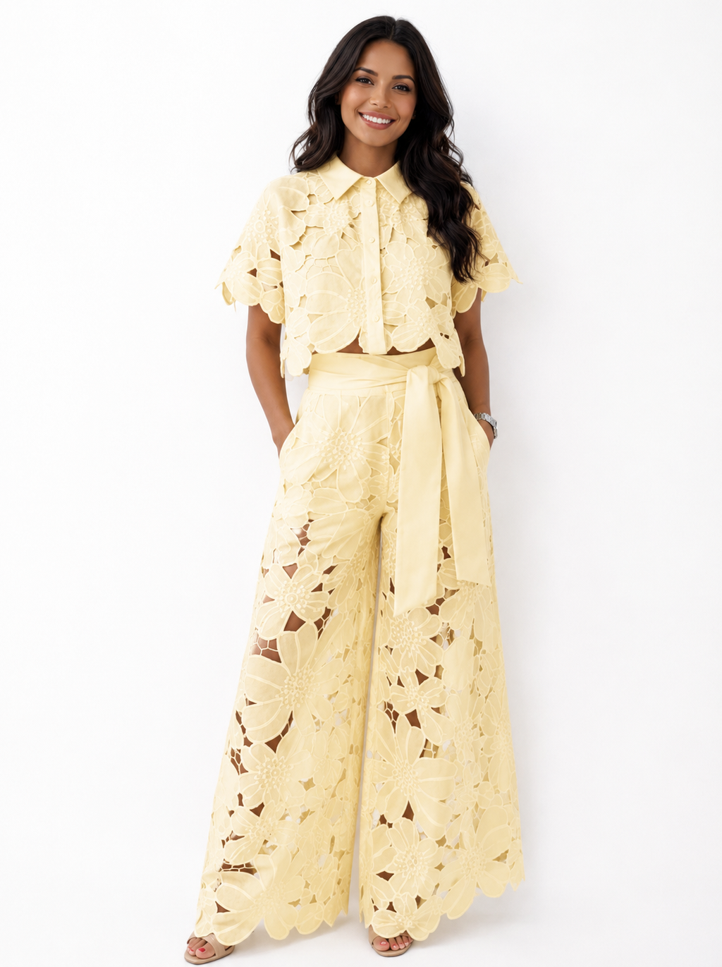 Women's Elegant Two-Piece Wedding Guest Set Floral Cutout Top and Flowy Pants - Honey