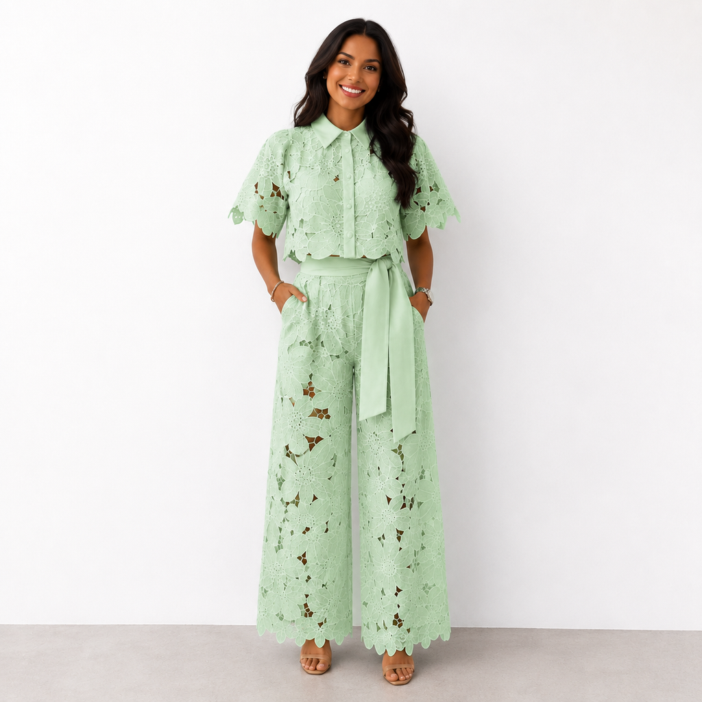 Women's Elegant Two-Piece Wedding Guest Set Floral Cutout Top and Flowy Pants - Green