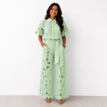Women's Elegant Two-Piece Wedding Guest Set Floral Cutout Top and Flowy Pants - Green