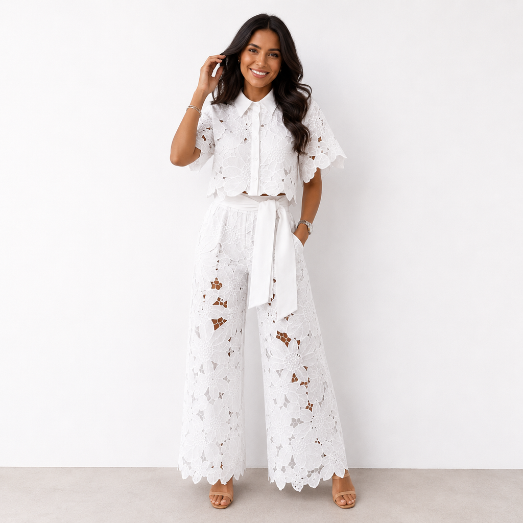 Women's Elegant Two-Piece Wedding Guest Set Floral Cutout Top and Flowy Pants - White