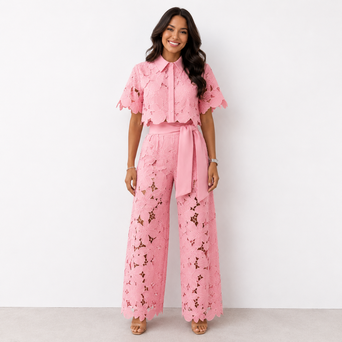 Women's Elegant Two-Piece Wedding Guest Set Floral Cutout Top and Flowy Pants - Pink