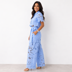 Women's Elegant Two-Piece Wedding Guest Set Floral Cutout Top and Flowy Pants - Baby Blue
