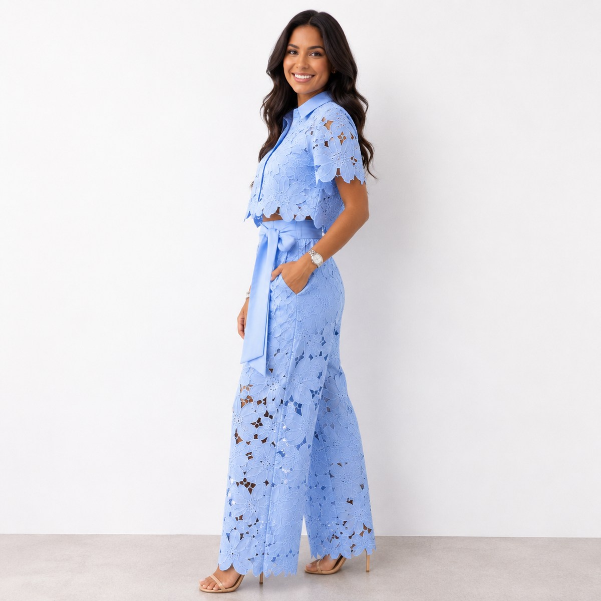 Women's Elegant Two-Piece Wedding Guest Set Floral Cutout Top and Flowy Pants - Baby Blue