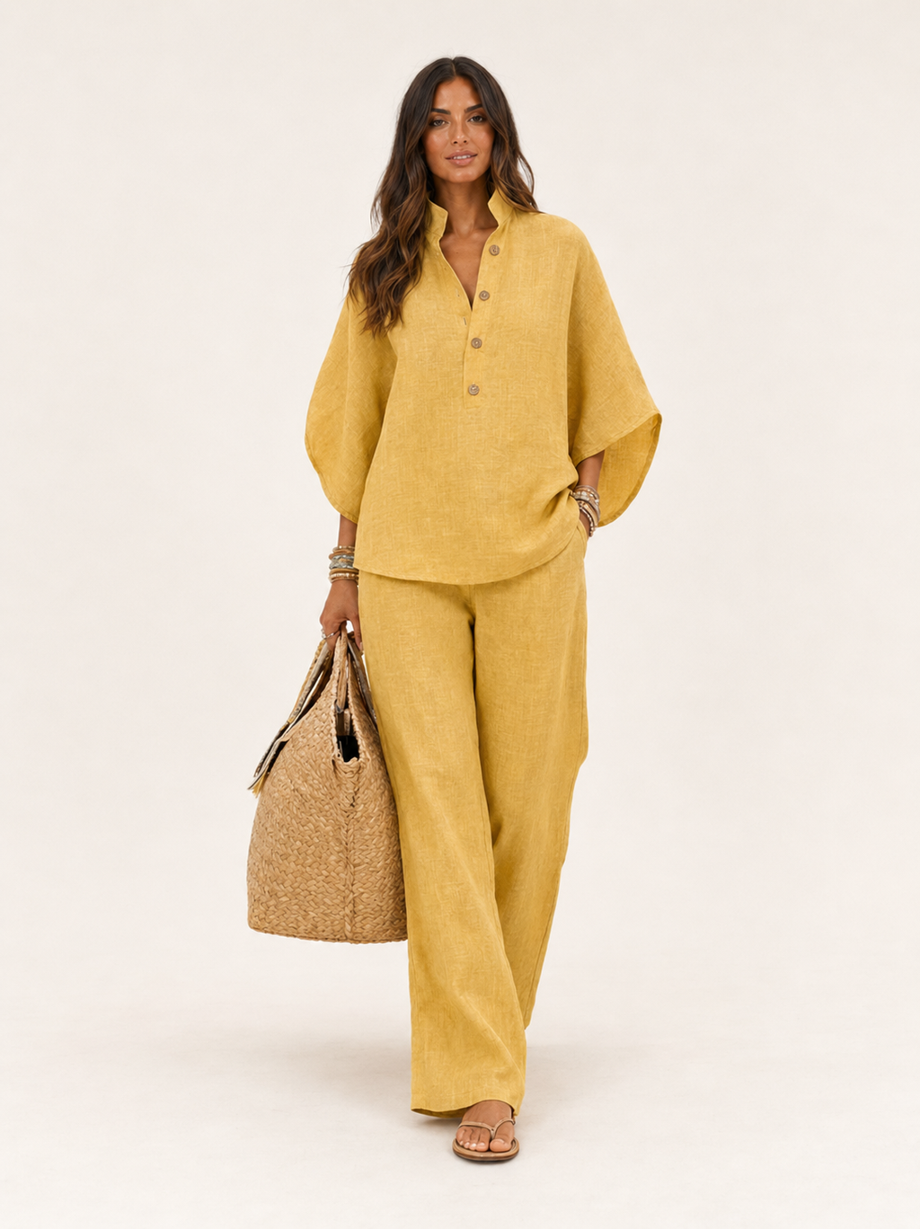Women's Boho Casual Linen Set - Yellow