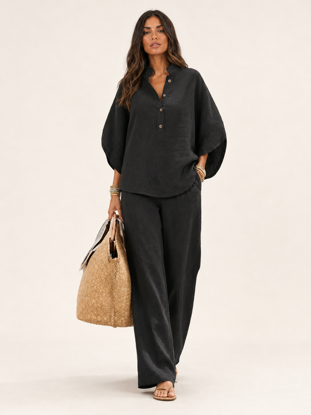 Women's Boho Casual Linen Set - Black