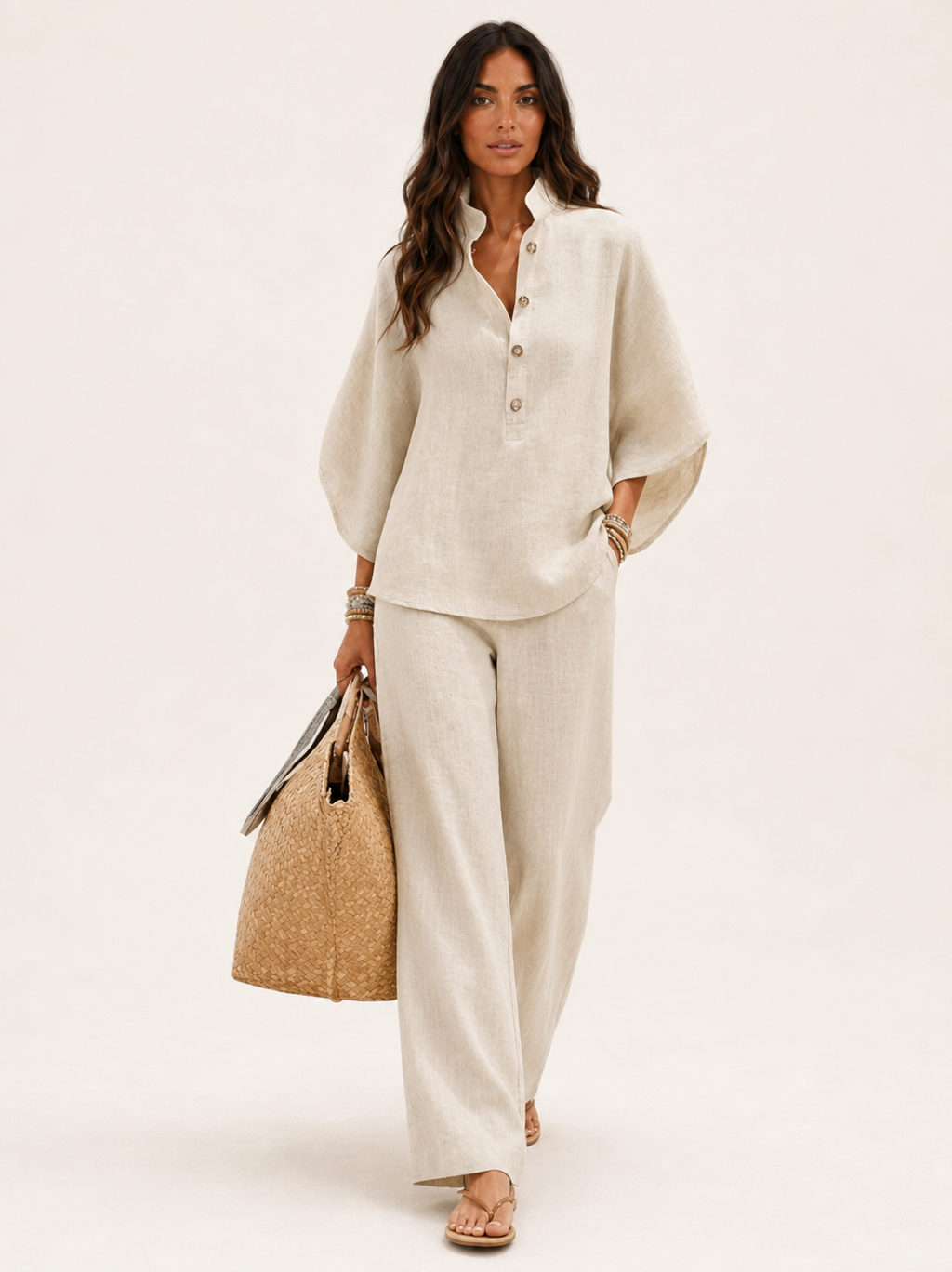 Women's Boho Casual Linen Set - Beige