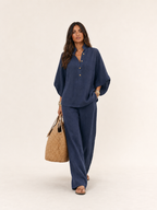 Women's Boho Casual Linen Set - Navy Blue