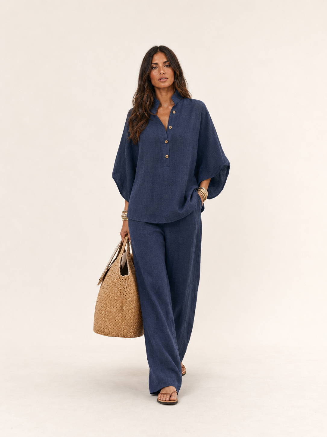 Women's Boho Casual Linen Set - Navy Blue
