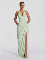 Women's Halter Neck Wedding Guest and Party Maxi Dress with Side Slit - Green