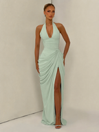 Women's Halter Neck Wedding Guest and Party Maxi Dress with Side Slit