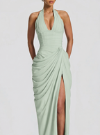 Women's Halter Neck Wedding Guest and Party Maxi Dress with Side Slit