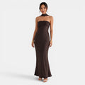 Women's Satin and Lace Maxi Dress - Brown
