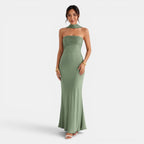 Women's Satin and Lace Maxi Dress - Green