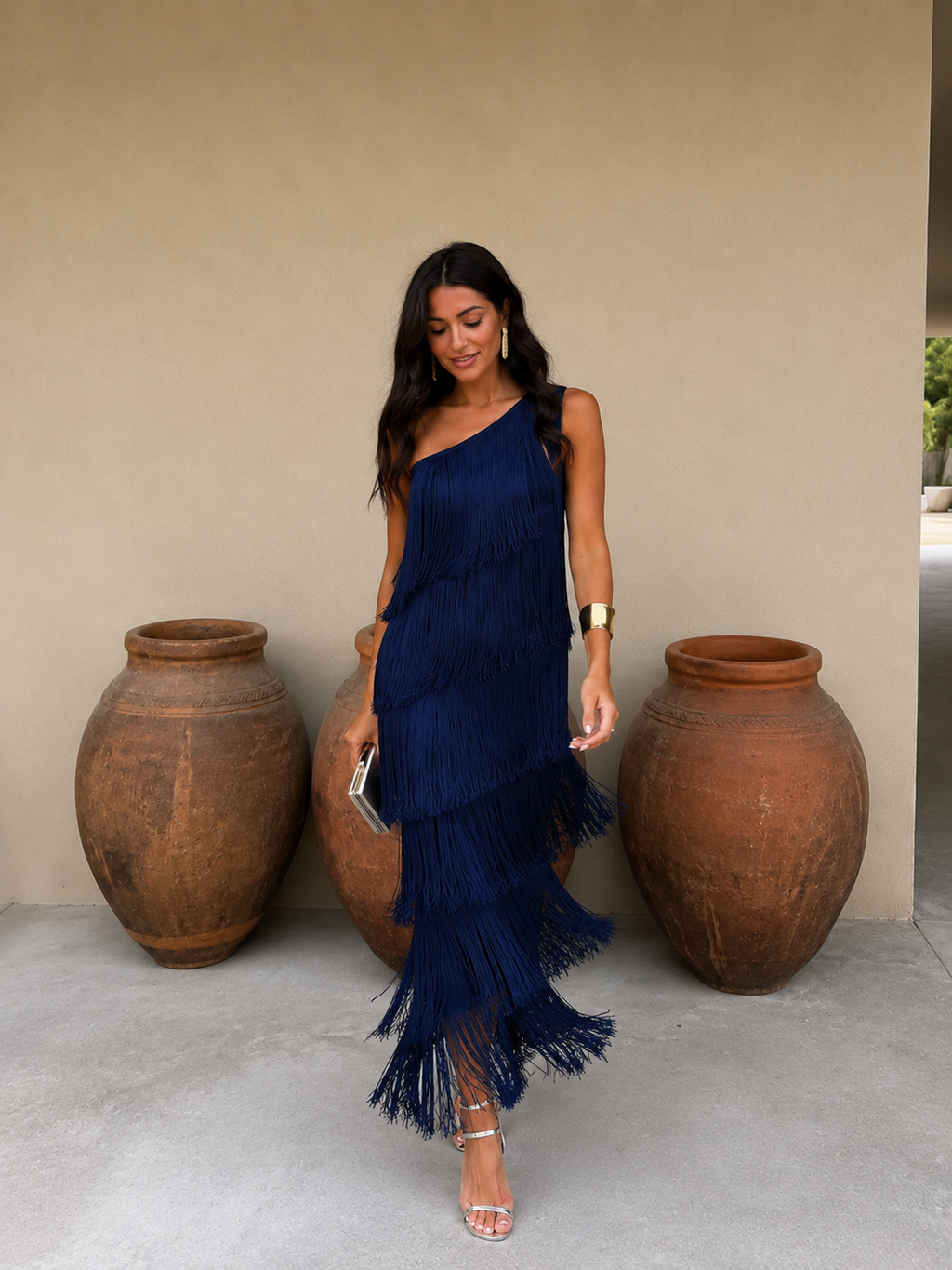 Women's Elegant Fringe Wedding Guest Dress - Navy Blue