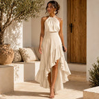Women's Halter Neck Wedding Guest Dress with Asymmetric Ruffle Hem