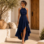 Women's Halter Neck Wedding Guest Dress with Asymmetric Ruffle Hem