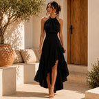 Women's Halter Neck Wedding Guest Dress with Asymmetric Ruffle Hem